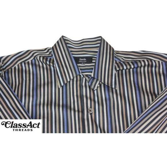 Zanella Mens Shirt Multi Color Striped Button Down Cotton Modern Point Italy M - Picture 2 of 8